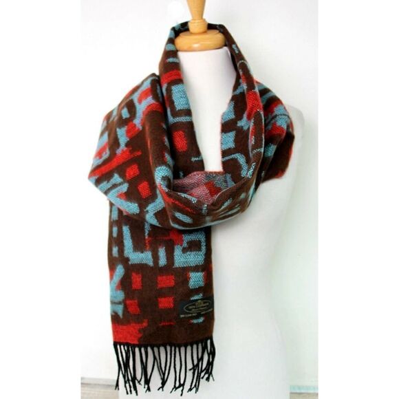 GERMANY BROWN RED BLUE 100% CASHMERE FRINGE SOFT WRAP SCARF (F38 - Picture 1 of 6